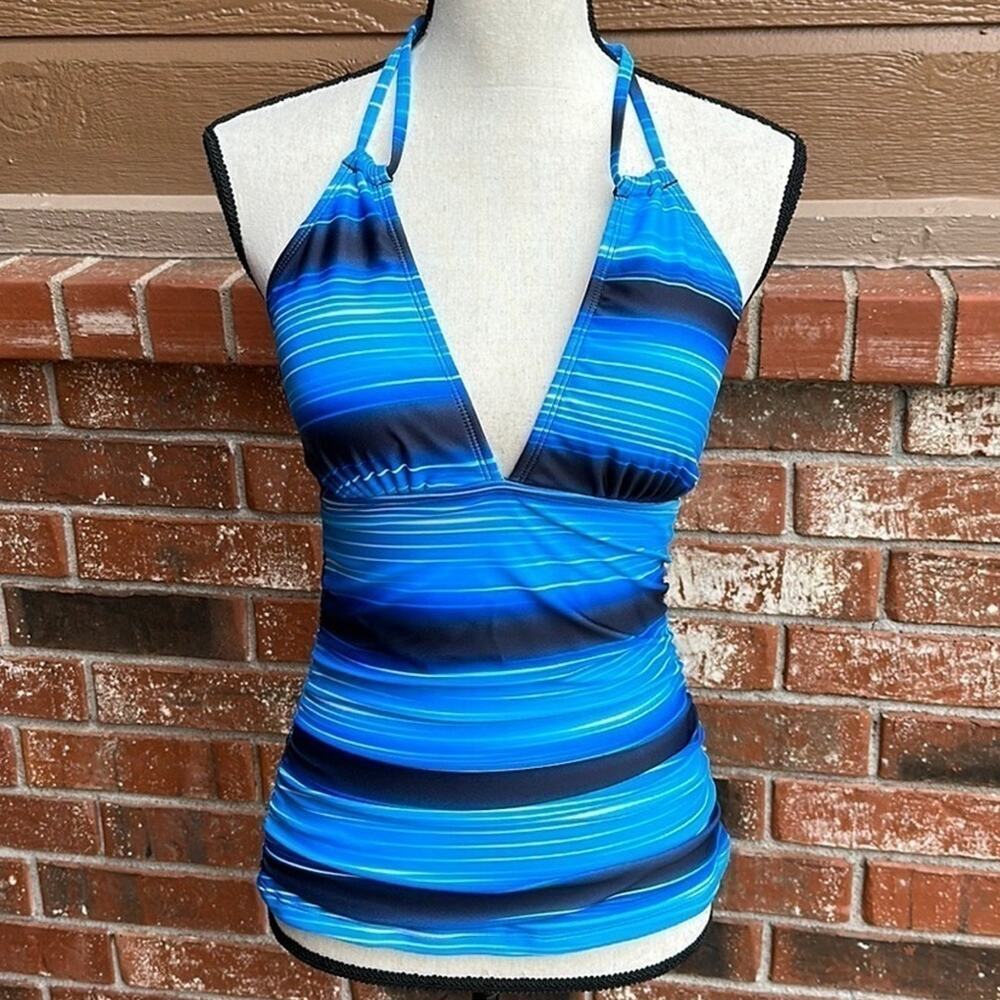 Yonique Women's Blue Ombre Striped Tankini Top Size Small V Neck Tummy Control